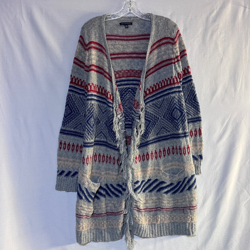 American Eagle Cardigan Wmns XL Gray Southwestern Fringe Boho Open Front Sweater
